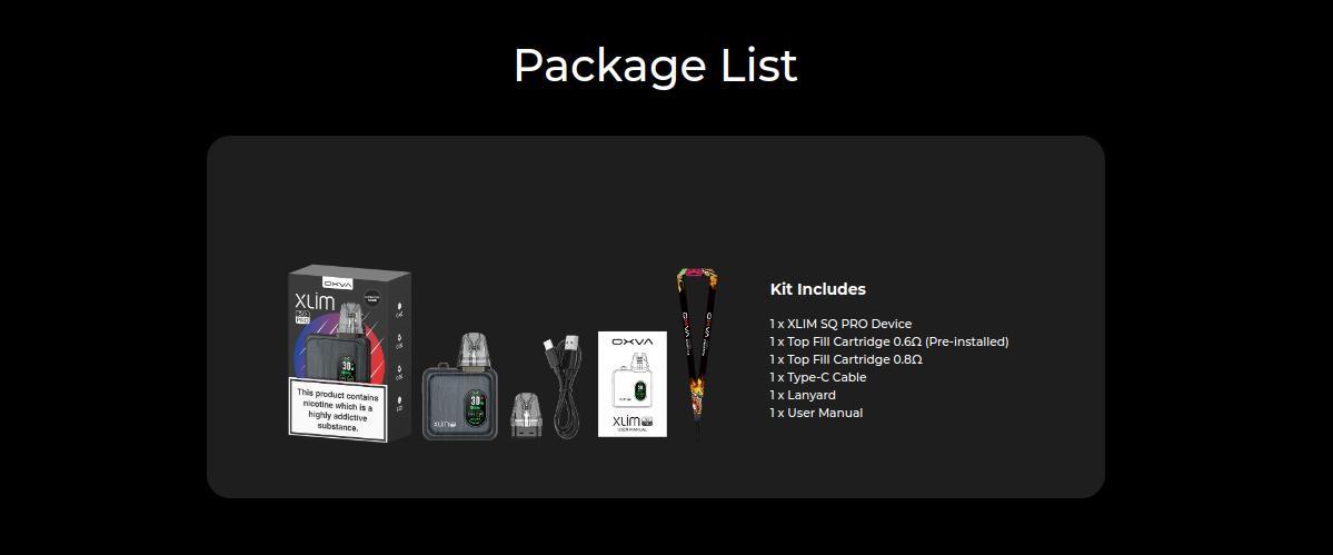 OXVA Xlim SQ Pro Pod Kit Contains