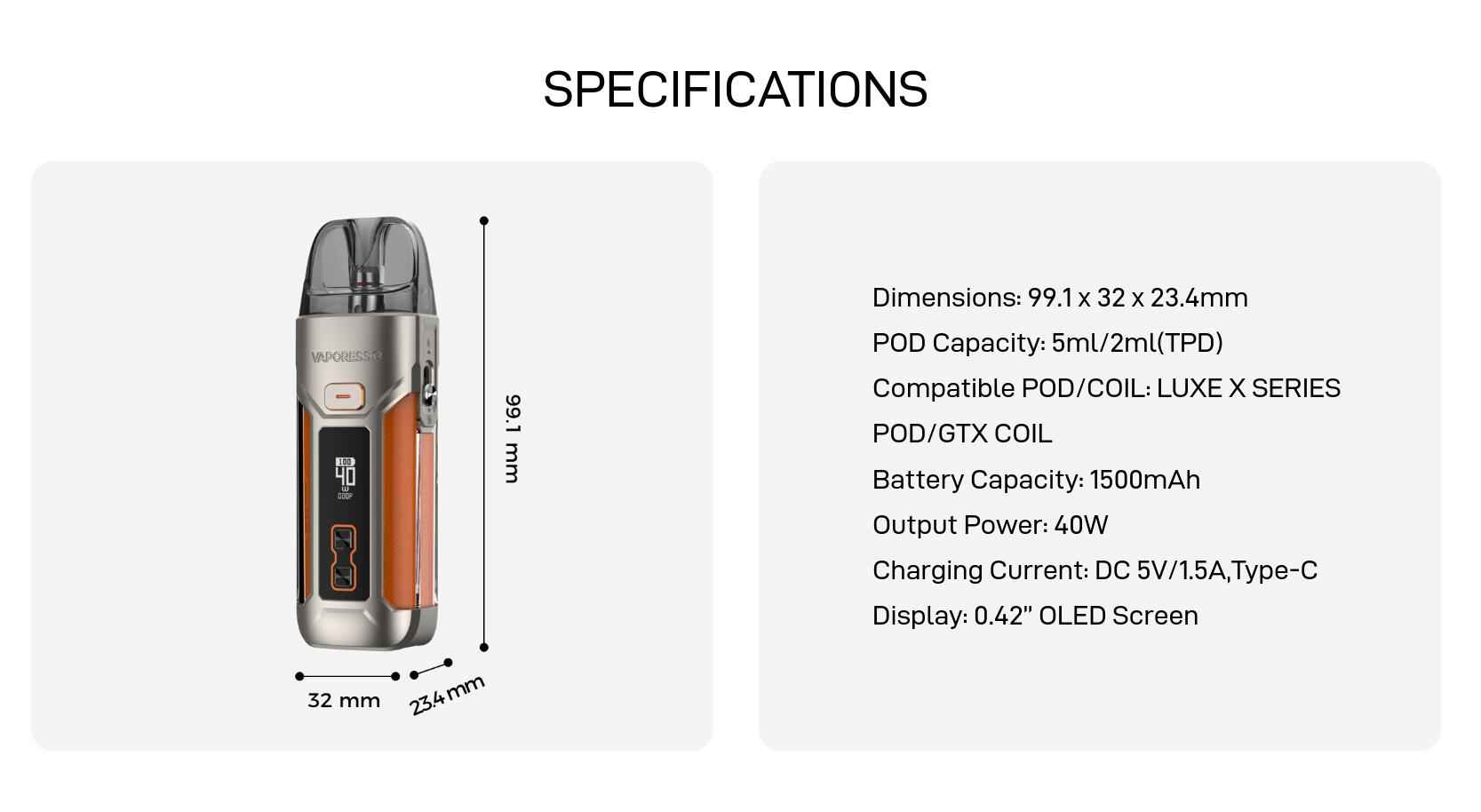 Vaporesso Luxe X Pods Specification